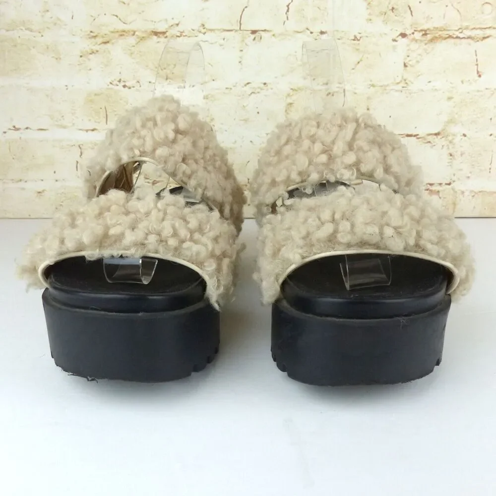 Urban Outfitters Sandal Womens 7 Beige Lexi Faux Sherpa Straps Platform Gorpcore - Picture 5 of 14
